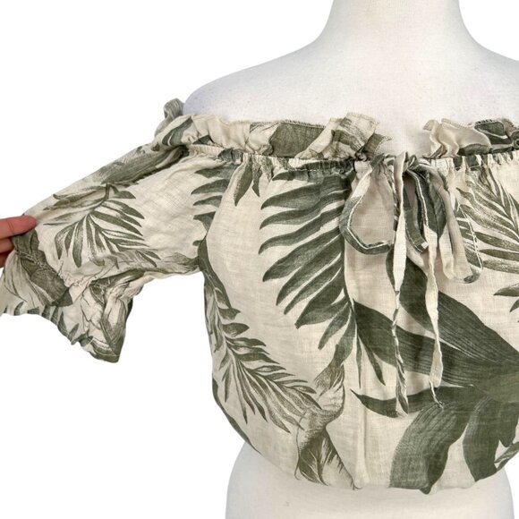 Milio Milano Linen Off-Shoulder Crop Blouse Tropical Green Cream Size Small NWT - Picture 3 of 9